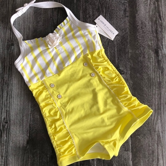Janie & Jack Yellow and White Striped Halterneck Swimsuit Sailor Retro Size 12 - Picture 1 of 10
